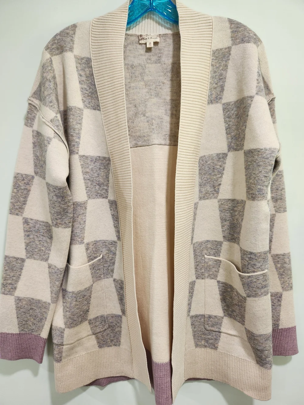 Checked Open Front Cardigan Sweater - Beige & Gray